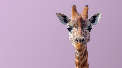 Obraz premium A gentle giraffe with expressive eyes on a solid lavender background, capturing its calm and majestic presence, with copy space