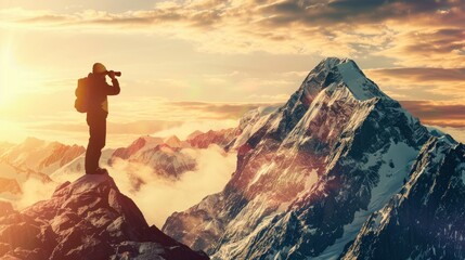 Silhouette Of A Man Holding Binoculars On A Mountain Peak Against A Bright Sunlight Sky, His Sense Of Adventure Clear
