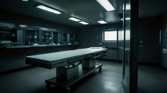 Empty Morgue Room Interior with Metal Table