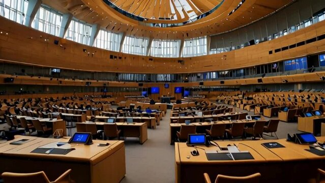 Empty Parliament Chamber with Desks, Chairs and Computers