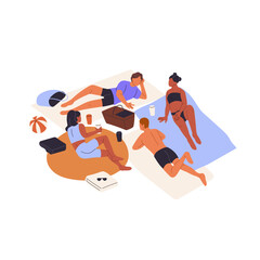 People sunbathing on sand beach in sea vacations. Group of friends has a rest in summer holidays together. Tanned men and women talk, relax on seashore. Flat isolated vector illustration on white