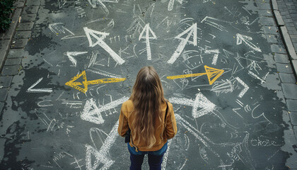 Choosing future profession. Girl standing in front of drawn signs on asphalt, top view. Arrows pointing in different directions as diversity of opportunities