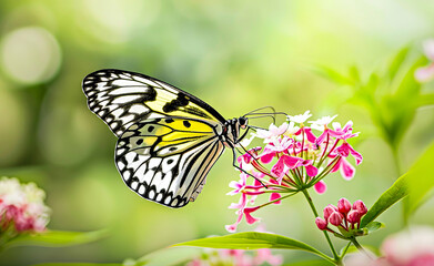 Fototapeta premium Butterfly with black, white, and yellow wings on a pink flower.
