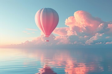Obraz premium Pink hot air balloon flying over calm ocean at sunset with pink clouds reflecting in water