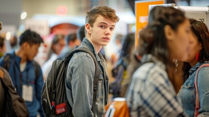 A group of students attending a career fair, representing the connection between education and career opportunities.