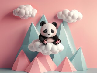 Adorable baby panda sitting on cloud above pastel mountains and fluffy clouds 3d illustration