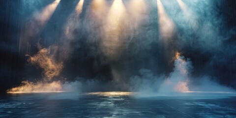 A darkened stage with smoke billowing out, ideal for concert or performance imagery