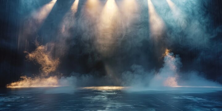 A darkened stage with smoke billowing out, ideal for concert or performance imagery