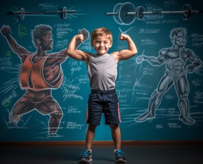 Young boy flexing muscles in front of bodybuilding sketches