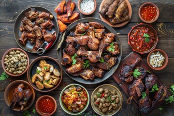 Fototapeta premium Well Roasted Organ Meats Set or BBQ Offal Collection with Red Spicy Sauces as Beer Snacks Top View