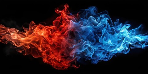 Fototapeta premium Red and blue flames dancing on a black background, fire, flames, red, blue, black, hot, heat, dynamic, intensity, contrast