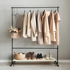 Rack with bright stylish clothes, shoes and accessories near light grey wall indoors, space for text