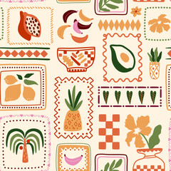 Tropical patchwork seamless pattern. Summer vector geometric frame with exotic fruits. Cute jungle palm tree framed, flowers, vase, food repeat background, checkered print, bright childish wallpaper. © Tani Kuzminka