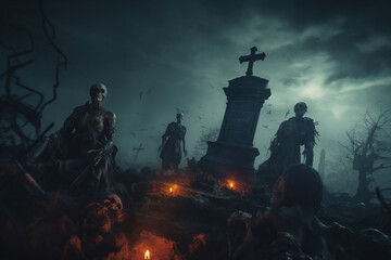 AI generated image of a mysterious dark cemetery at halloween night