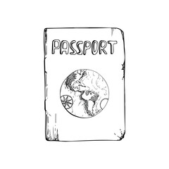 Multinational world passport id official document with gold letters and globe. Vector ink hand drawn illustration of isolated object. Design for tourism, travel, brochure, guide, print, card, tattoo
