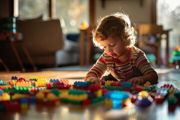 A young child plays with colorful building blocks at home