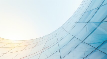 skyscraper of an office building with curved glass windows, low-angle worm's eye view, towering and impressive architectural design
