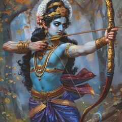 Lord Krishna shooting with his bow, color illustration generated with AI. Krishnaism