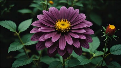 Obraz premium A dark purple dahlia flower is in focus, with green foliage in the background.