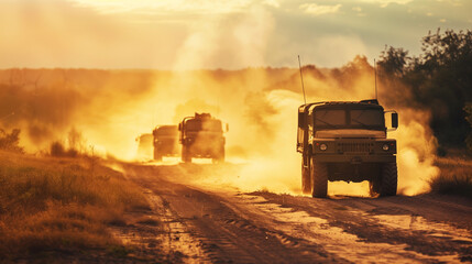 A column of military vehicles moving on a sandy road shows determination and readiness to act in all terrain conditions.