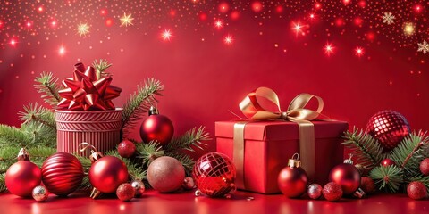 Festive red holiday scene with gifts and ornaments, Christmas, celebration, decorations, presents, festive, red