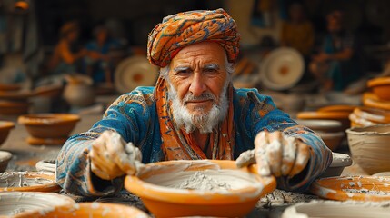 Seasoned artisan crafting intricate pottery their skilled hands shaping clay with precision and artistry embodying centuries of tradition