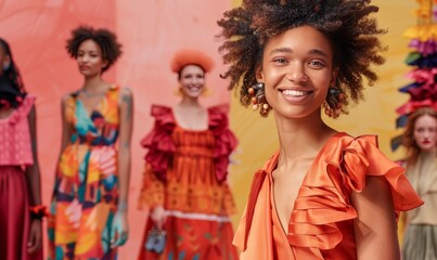 Fototapeta premium vibrant fashion show scene showcasing models in colorful, stylish outfits with hair styled to match the collection's theme of playful and joyful patterns