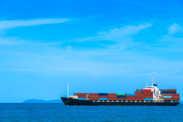 Large ships transport cargo and carry large amounts of containers. Sea shipping by cargo ship. Concept. International. Export-import business, logistics, transportation industry	