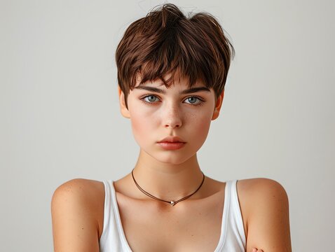 Young woman with short brown hair and blue eyes, looking directly at the camera.