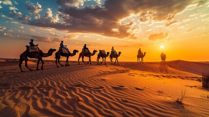 Photograph of an Indian camel (camel driver), a Bedouin with a camel silhouette in the sand dunes of the Thar desert at sunset. Caravan in Rajasthan travel adventure safari background 