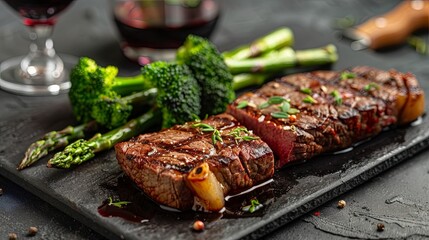 Grilled ostrich steak fillet served with asparagus, broccoli, and a glass of red wine