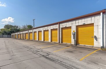 Row of Yellow Storage Unit Doors in a Sunny Outdoor Facility