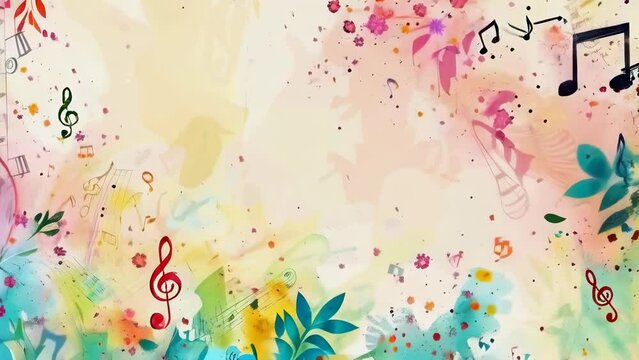 This image features musical notes and treble clefs on a vibrant watercolor background. The abstract mix of colors includes reds, blues, greens, and yellows, creating a lively and artistic
