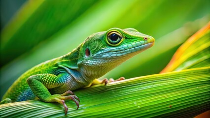 Fototapeta premium Green lizard resting on a vibrant leaf , reptile, nature, wildlife, camouflage, tropical, colorful, exotic, outdoors