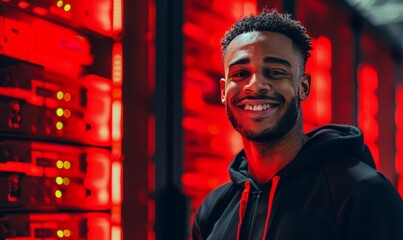 portrait of a smiling African American young man wearing a black hoodie standing in front of a red glowing server rack at a data center