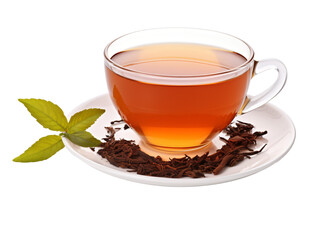 a cup of tea on a plate with leaves and a leaf