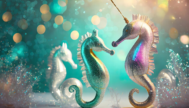 Seepferdchen, seepferd, Pferde, See, s&uuml;ss, 3d, neon, Luftballon, ballon, glow, bokeh, Einladung, t&uuml;rkis, karte, kinder, geburtstag, Gl&uuml;ckwunsch, gratulieren, gestalten, neu, copy space, glitzer, pink