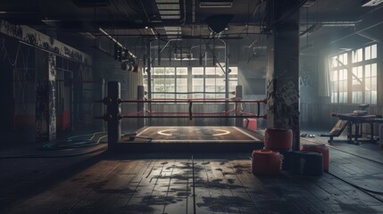 A gym with a boxing ring, capturing the intensity and focus of a boxing workout.