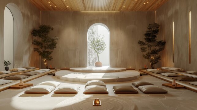 A view of a meditation room with cushions arranged in a circle, promoting a peaceful and serene space for mindfulness and relaxation.