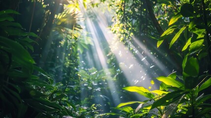 A view of a nature scene with sunlight streaming through trees, promoting the benefits of spending time in nature for mental wellbeing.