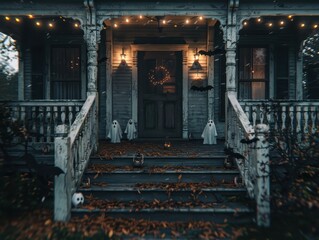 Spooky Halloween Porch with Ghost Decorations and String Lights at Night