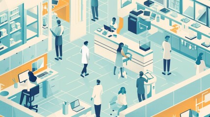 A view of a medical clinic with doctors and nurses working, highlighting the collaborative nature of healthcare.