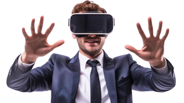 Businessman wearing virtual glasses on transparent background