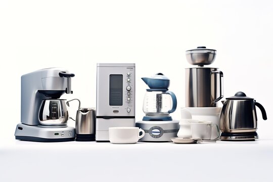 Metallic kitchen appliances. Blender, toaster, coffee machine, meat ginder and kettle isolated on white. 3d