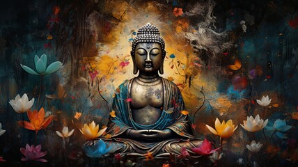 abstract, beautiful Magical, Mystical image of a buddha, painted metal, weathered, flowers, birds, beautiful auro of peaceful energy all around , generated by AI. High quality photo
