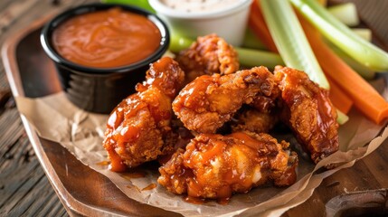 Boneless chicken wings dipped in buffalo and BBQ sauce