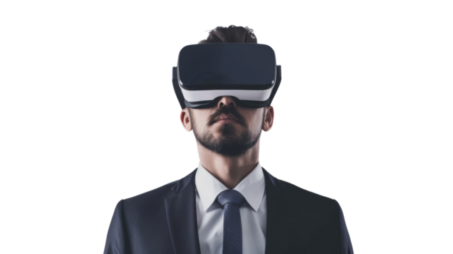 Businessman wearing virtual glasses on transparent background
