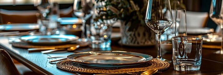 Serving, setting table. Plate decorated and cutlery, glasses. Side view. Closeup. Wedding set up, dinner table reception. Birthday, baptism, event. Panoramic