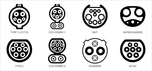 Types of electric vehicle plugs. standard charging connector plug and socket. Connectors for electric vehicles. electric car charge