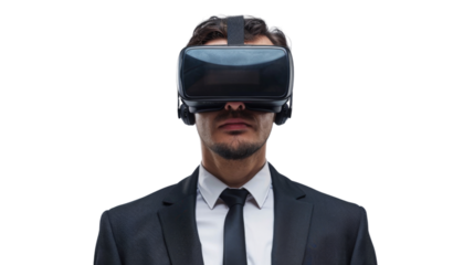 Businessman wearing virtual glasses on transparent background